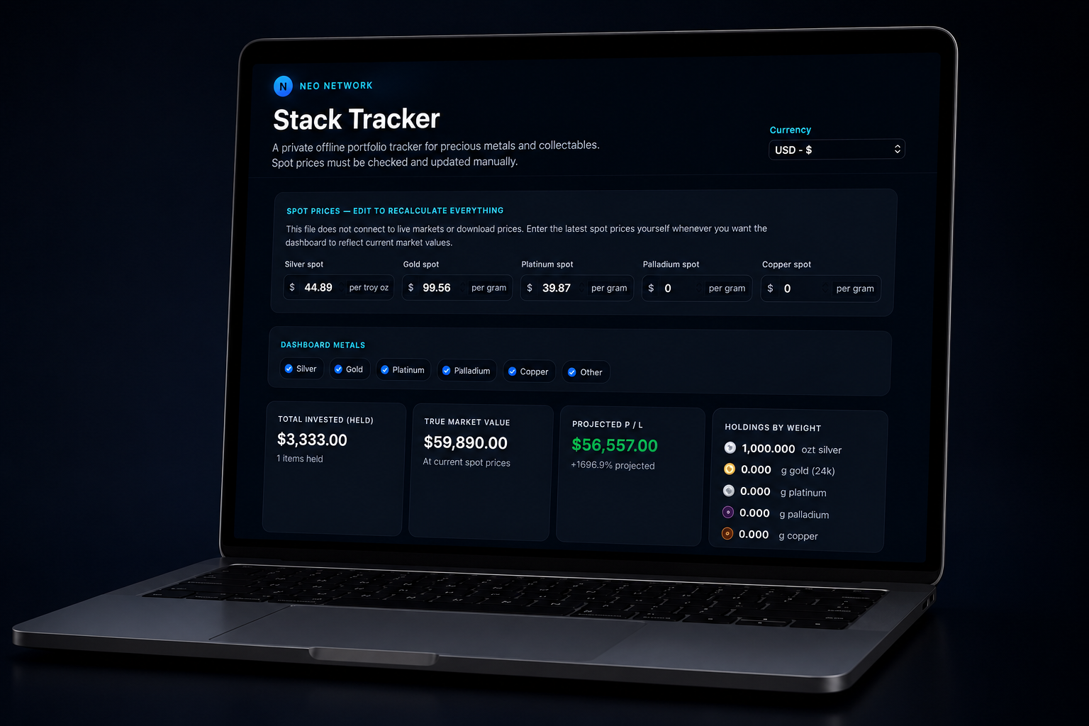 Neo Stack Tracker running on a laptop