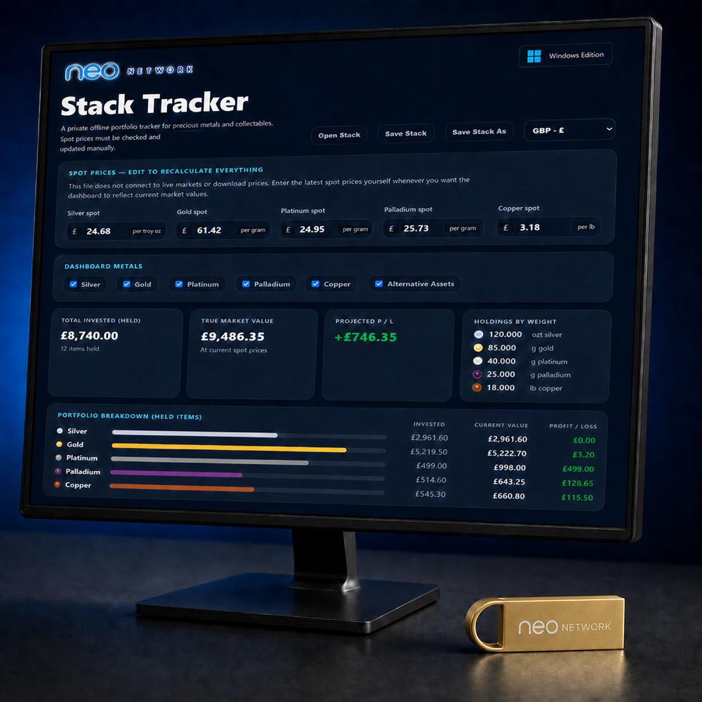 Neo Stack Tracker displayed on a monitor beside a gold Neo Network USB key